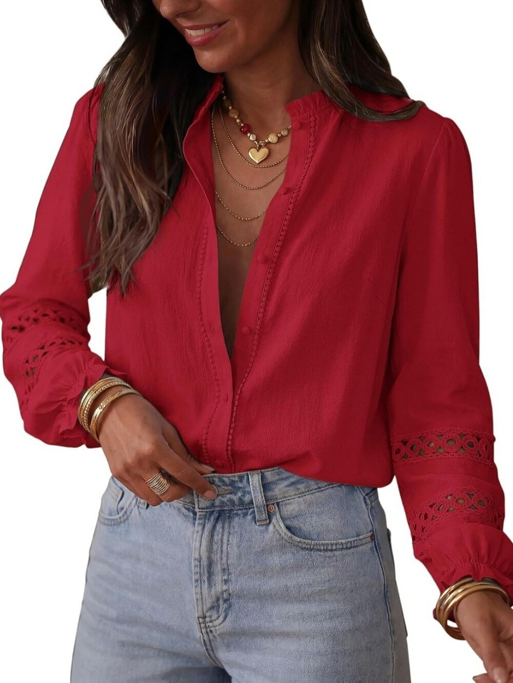 KIRUNDO XL Dark Red Burgundy 100% Cotton Eyelet Embroidered Long Sleeve Button-